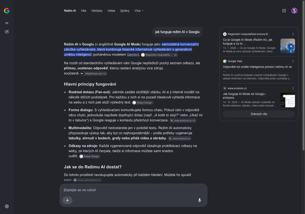 Odpověď v režimu AI na dotaz jak funguje režim AI v Googlu: souvislý text s odrážkami, u jednotlivých tvrzení odkazy na zdroje a vpravo panel citovaných webů