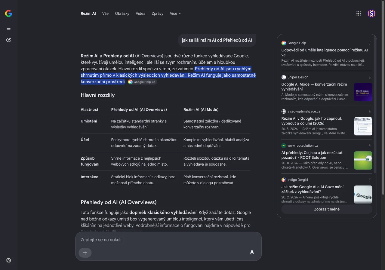 Rozbalený panel zdrojů v režimu AI: pět karet webů s názvem, titulkem stránky, datem a náhledovým obrázkem